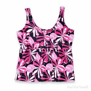 Beach Belle 26W Plus Size Tankini Swim Top Pink Black Tropical Floral Barbiecore